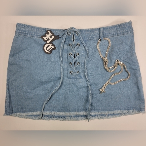NWT HIDDEN CULT Denim Blue Jean Skirt Tie Front Light Wash NEW Women's Large - Picture 1 of 12